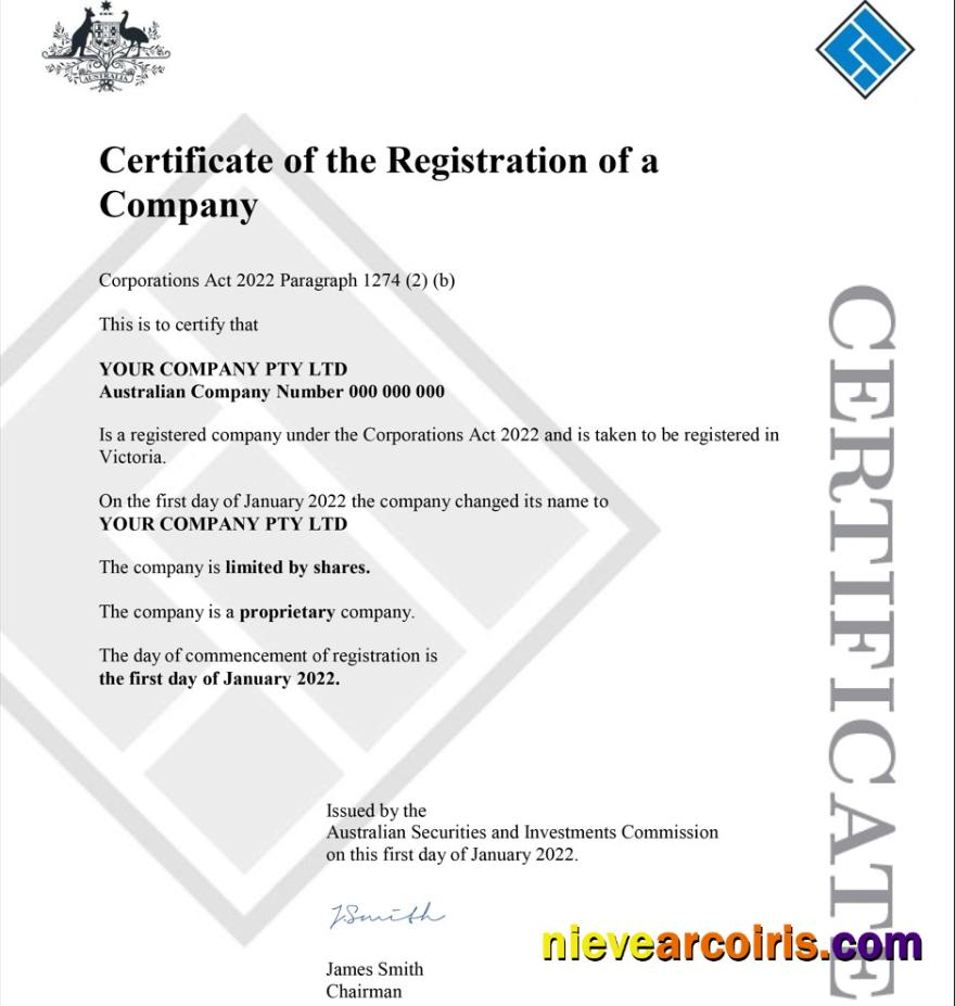 Australian Securities and Investments Commission’s (ASIC) Certificate of Company Registration 1